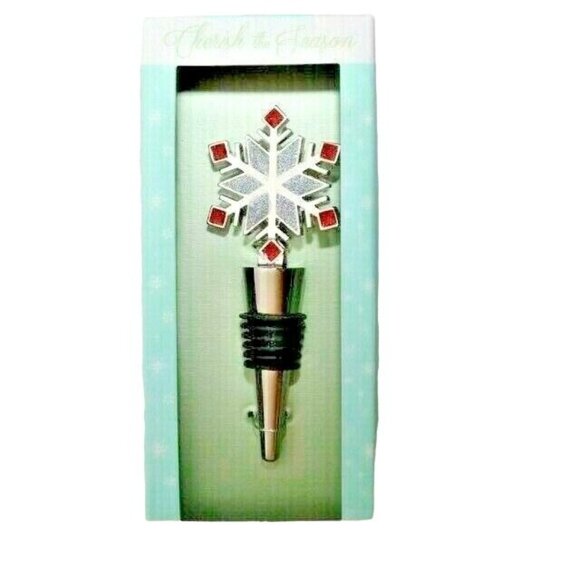 Silver Snowflake Wine Bottle Stopper Red Square Rhinestones Holiday Gift New - Picture 2 of 2